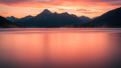 Serene sunrise over misty lake with majestic mountain range in the background, a breathtaking landscape photograph,