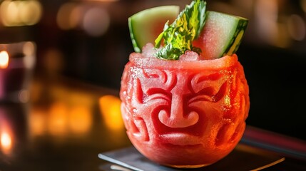 Artistic carved watermelon drink garnished with fresh flowers on an elegant table