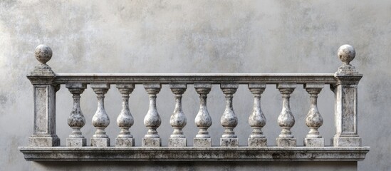 Fototapeta premium Balustrade with decorative stone pillars and spheres against a textured wall background Copy Space