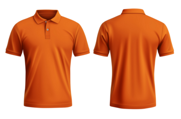 An orange polo shirt with a front and back view, featuring short sleeves and a classic collar style, on a transparent background