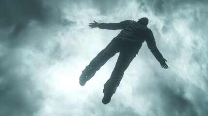 Surreal Silhouette of Person Falling Through Cloudy Sky Dreamlike Abstract