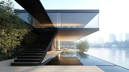 Fototapeta premium Modern Waterfront House with Glass Walls and Infinity Pool