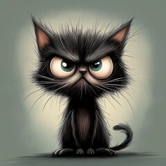 Cartoon style black cat with expressive eyes and fluffy fur in a whimsical setting