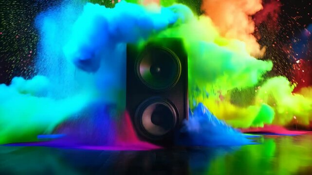 A music column with colorful paint explosion coming out of the screen, dark background