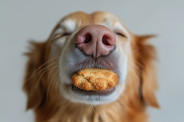 A dog holding a biscuit in its mouth, close-up view