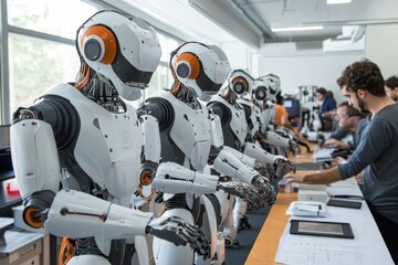 Robotics lab with engineers testing advanced humanoid robot technology