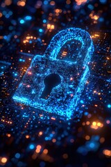Digital cybersecurity concept with a glowing lock symbol on circuit board