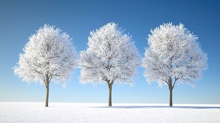 Fototapeta premium Three trees covered in snow, with a clear blue sky and white background.