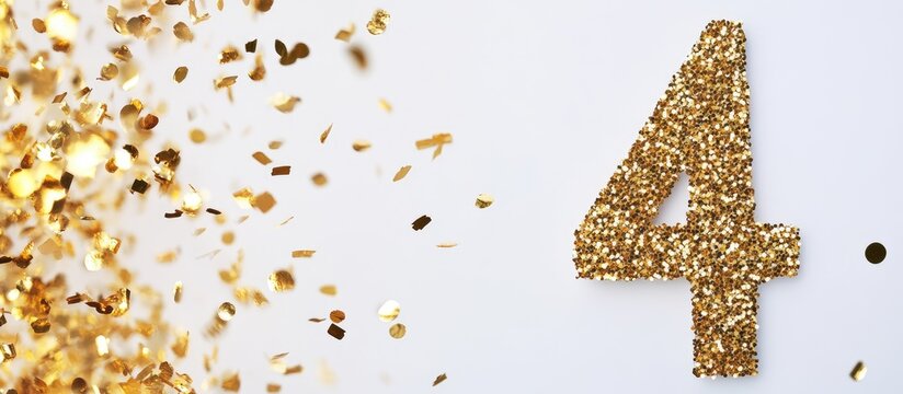 Golden glitter number four surrounded by gold confetti on white background with sufficient copy space for text placement