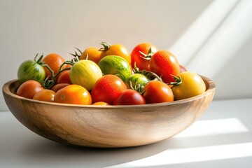 A wooden bowl filled with colorful heirloom tomatoes bathed in sunlight.