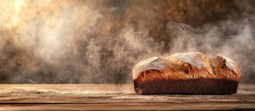 Freshly baked artisan bread with steam rising on wooden surface and blurred bakery background Copy Space