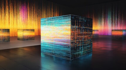 Vibrant data streams flowing in and out of a central box amidst repeated identical boxes