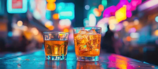Glasses of whiskey on a bar counter with blurred neon lights in the background and copy space for text