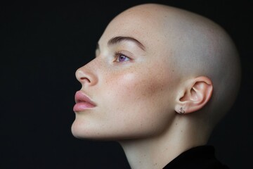 Shaved head model posing with freckles and purple eyes