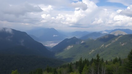 Obraz premium Panoramic view of verdant mountains and valley under a cloudy sky, showing a small town nestled below.
