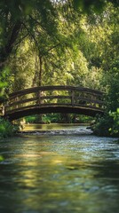 Fototapeta premium Rustic Wooden Bridge Over Serene River in Peaceful Countryside