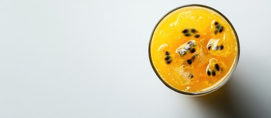 Obraz premium Fresh tropical juice with passion fruit and orange slices in a glass on a light background with Copy Space