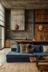 Modern minimalist living room with natural textures and earthy tones