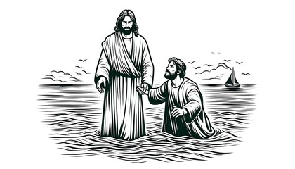 Jesus Lifts Peter from Drowning: A Moment of Faith and Salvation, line art isolated white background