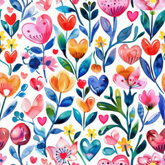 Colorful floral pattern with hearts and vibrant flowers in watercolor style