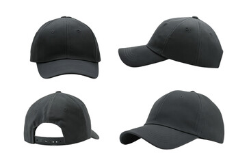 Black baseball cap mockup collection isolated on a transparent background, with front, side, and back views