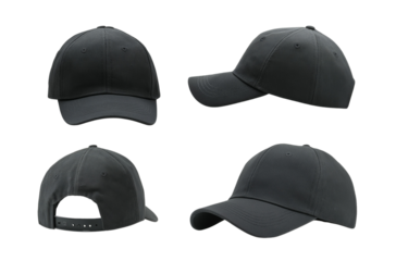 Black baseball cap mockup collection isolated on a transparent background, with front, side, and back views