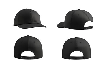 Black baseball cap mockup collection isolated on transparent background