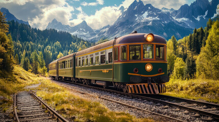 Naklejka premium vintage train travels through scenic mountain landscape, surrounded by lush greenery and towering peaks. picturesque view evokes sense of adventure and nostalgia