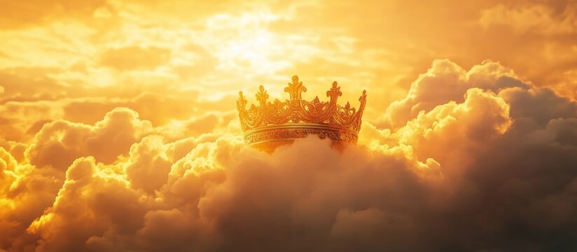 Crown surrounded by clouds illuminated by sunset light with dramatic sky and golden hues featuring Copy Space for text placement