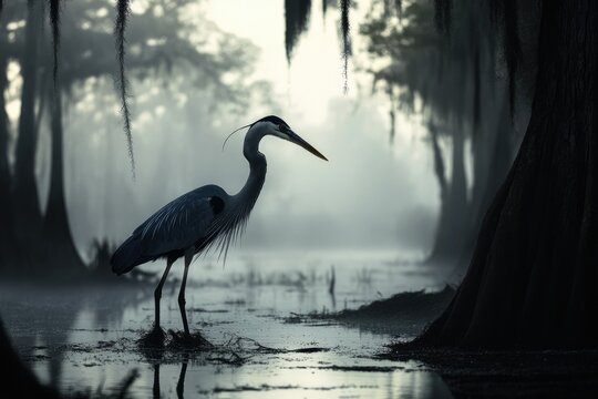 A majestic great blue heron stands solitary in a misty swamp, its silhouette stark against the dark cypress trees.