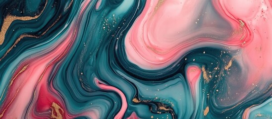 Colorful abstract fluid art with swirling pink and teal hues featuring gold accents and ample copy space for text insertion