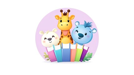 Naklejka premium Bright and vibrant circular logo designed for a childrens book publisher, featuring whimsical characters like playful animals and colorful books. The logo is set against a soft pastel background,