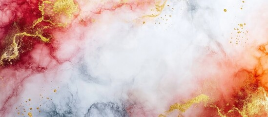 Fototapeta premium Abstract marbled texture with red orange and gold hues on a white background ideal for use as a backdrop or design element Copy Space