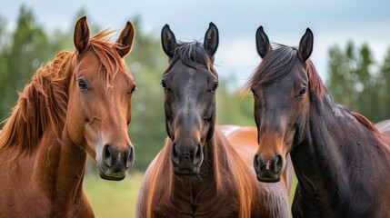 Naklejka premium Three Horses Standing Together and Gazing at the Camera