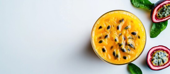 Fototapeta premium Fresh tropical smoothie with passion fruit and mango in glass on white background with copy space. Healthy summer beverage concept.