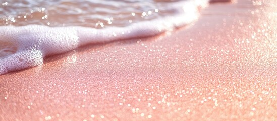 Fototapeta premium Soft waves on a pink sandy beach with sparkling water droplets and gentle foam Copy Space
