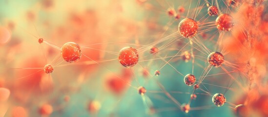 Abstract close-up of molecular structures with red spheres and fine connections against a soft gradient background with copy space