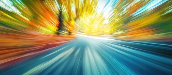 Obraz premium Abstract motion blur of a road surrounded by vibrant autumn foliage with colorful leaf patterns and ample Copy Space for text insertion