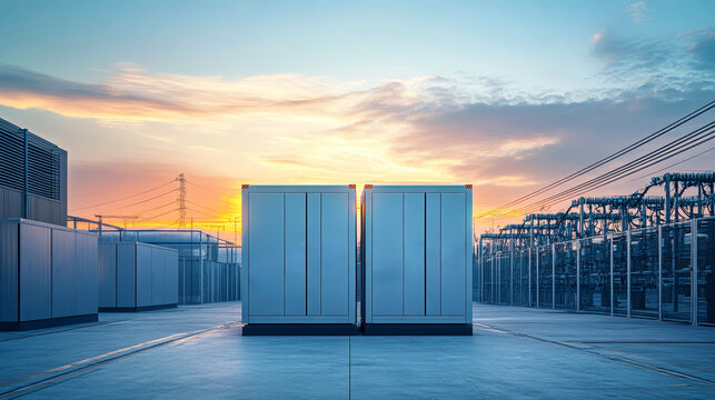 Modern energy storage park with high voltage substation at sunset amidst powerful industrial equipment
