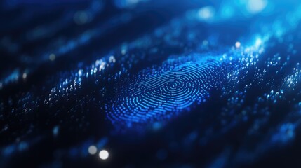 Blue digital fingerprint on a dark background with glowing particles and bokeh effects featuring copy space for text insertion.