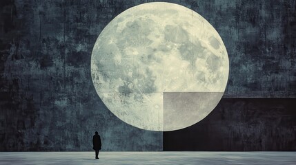 Surrealist collage with lone figure and oversized moon. Generative AI image