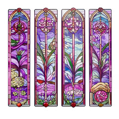 A set of four vintage bookmarks with a stained glass ornament on a white background isolated in purple tones.