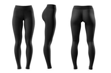 Black women's leggings mockup, front view and side views isolated on a transparent background