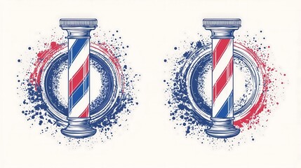A charming retro-inspired barber shop logo depicted in a circular format, integrating classic barber pole images alongside sophisticated design elements. Featuring bold colors and ample space for