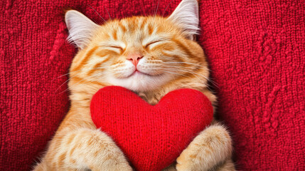 Orange cat with heart, cozy, happy, love, cute, pet, resting, red background, adorable, feline, warmth, affection, playful, soft fur, joyful expression, heartwarming scene
