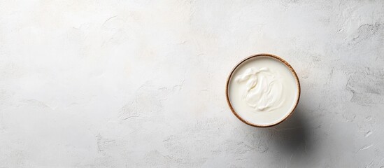 Bowl of creamy yogurt on textured white background with ample copy space for text placement