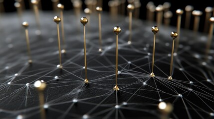 Abstract network of interconnected pins on a black surface.