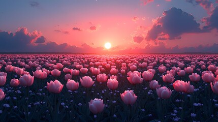 Dreamy Pastel Tulip Field Glowing Under Twilight Sky with Faint Moon