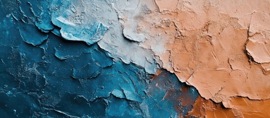 Fototapeta premium Abstract textured background of blue and orange paint layers with rough surfaces and cracks; includes Copy Space.
