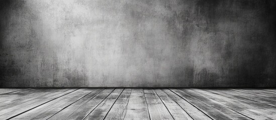 Empty concrete room interior with wooden floor and textured gray walls featuring copy space for text placement